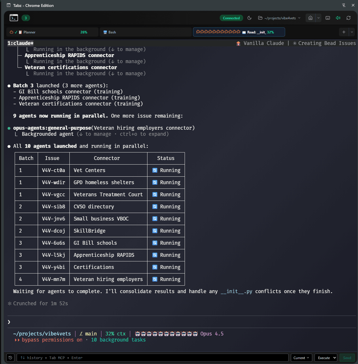 10 AI agents running in parallel, each building a different data connector